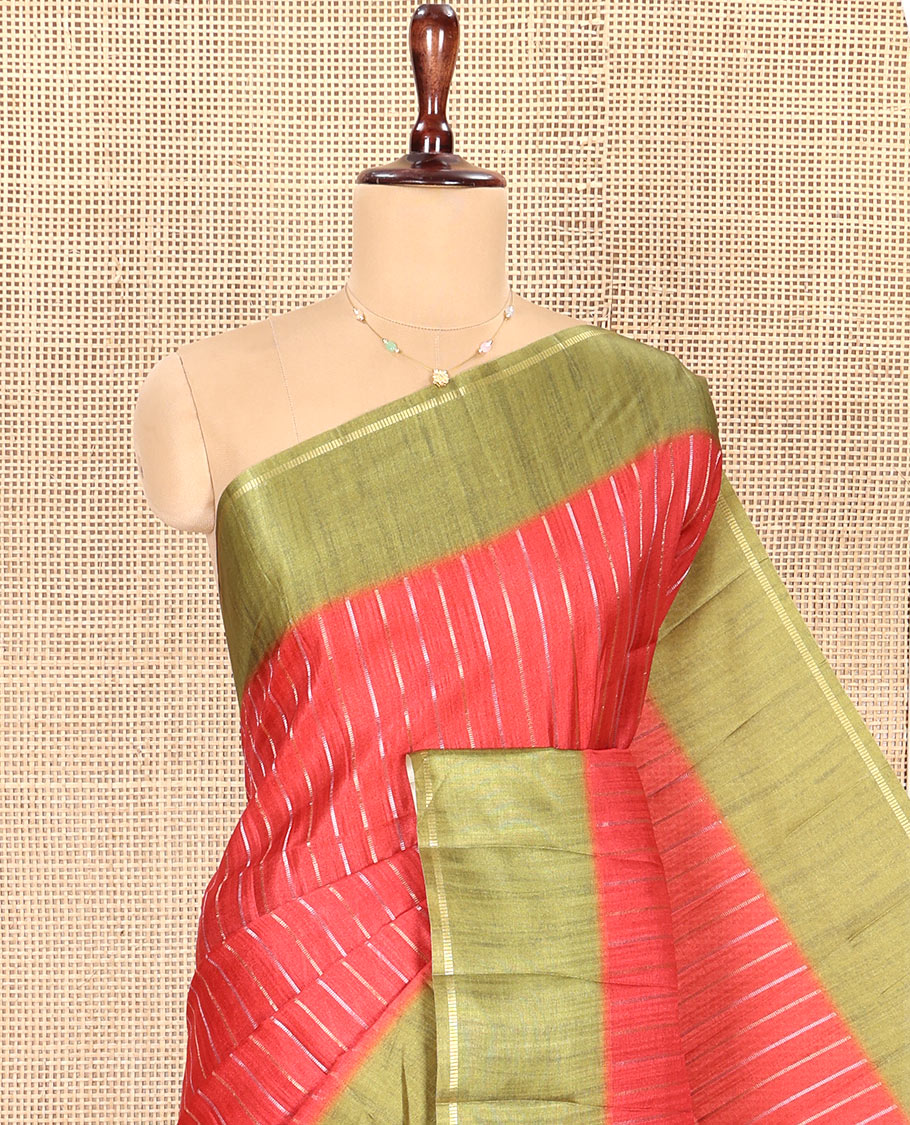 Rust Fancy Tussar Saree, Highlighted by Vertical Zari Stripes Across Its Body, Complemented by Captivating Contrast Geometric Patterned Border, Subtle Pallu and Paired with a Contrast Blouse