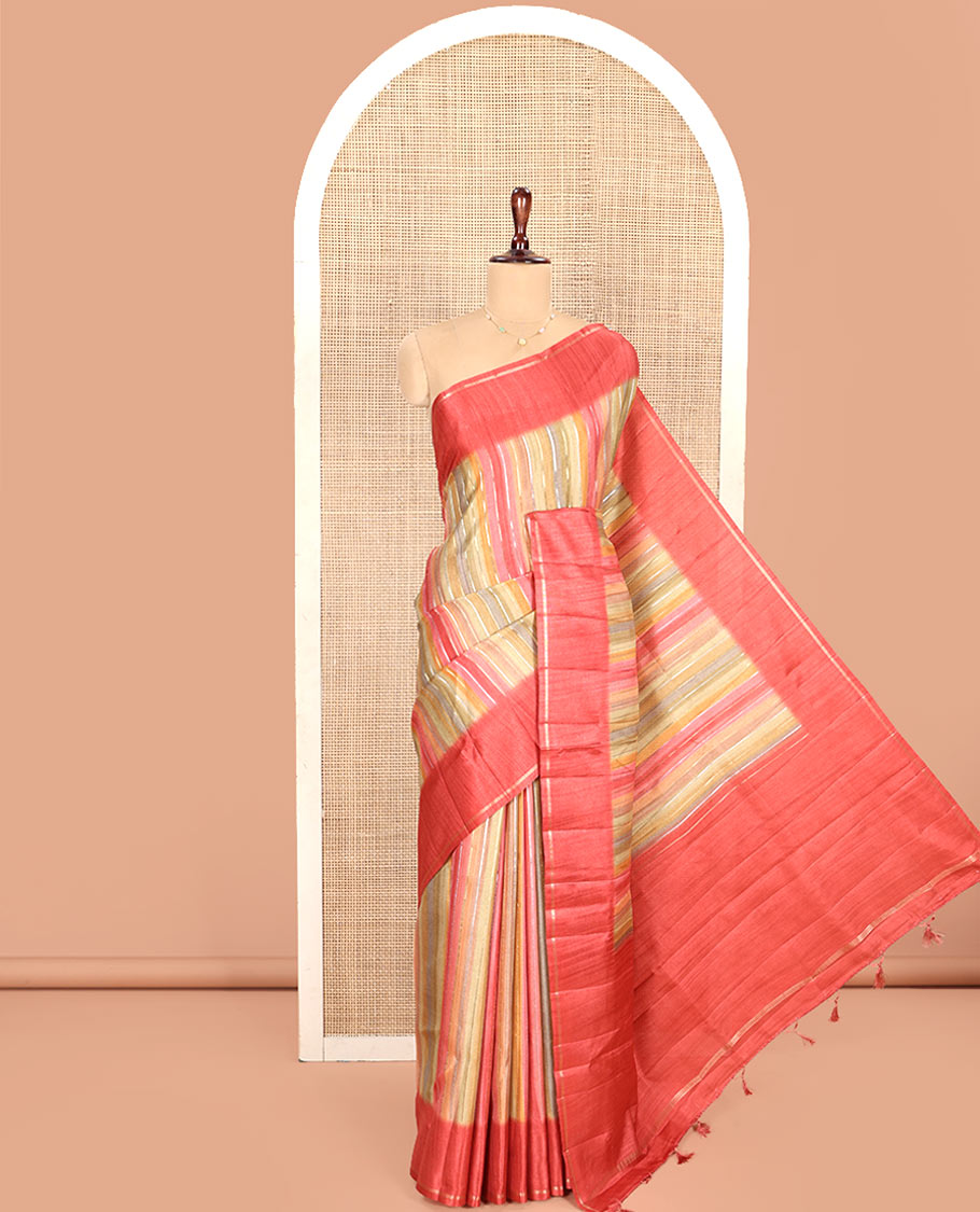 Rust Striped Semi-Tussar Silk Saree, Adorned with Vertical Zari Stripes on Its Body, Subtle Zari Border, a Subtle Pallu, and Paired with a Contrast Striped Blouse