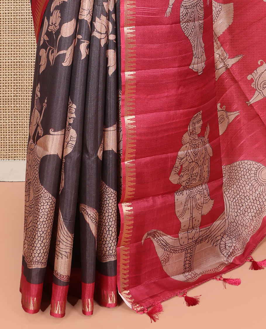 Black Semi-Tussar Silk Saree, Gracefully Detailed with Kalamkari-Style Human Motifs Printed on Its Body, Complemented by a Contrast Temple Zari Border, Creatively Kalamkari Printed Pallu, and Paired with a Contrast Blouse