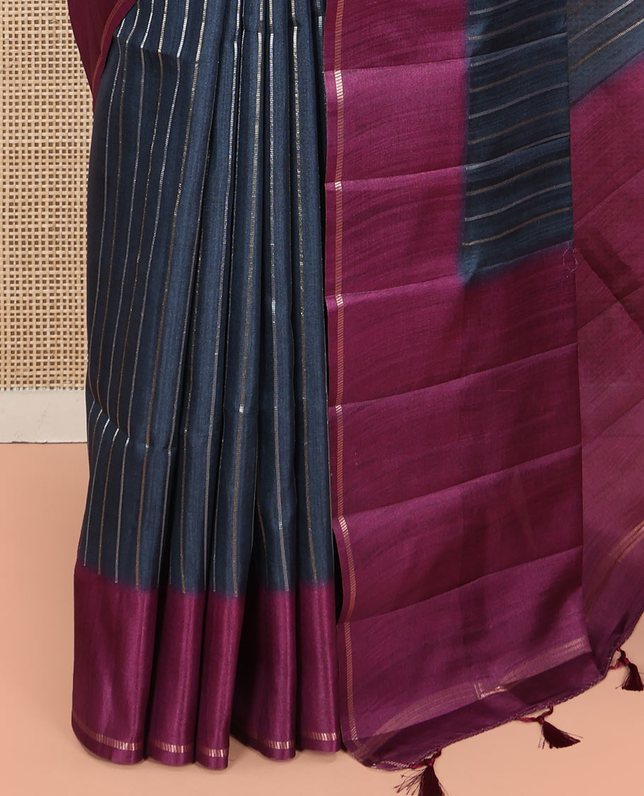 Grey Fancy Tussar Saree, Highlighted by Vertical Zari Stripes Across Its Body, Complemented by Captivating Contrast Geometric Patterned Border, Subtle Pallu and Paired with a Contrast Blouse