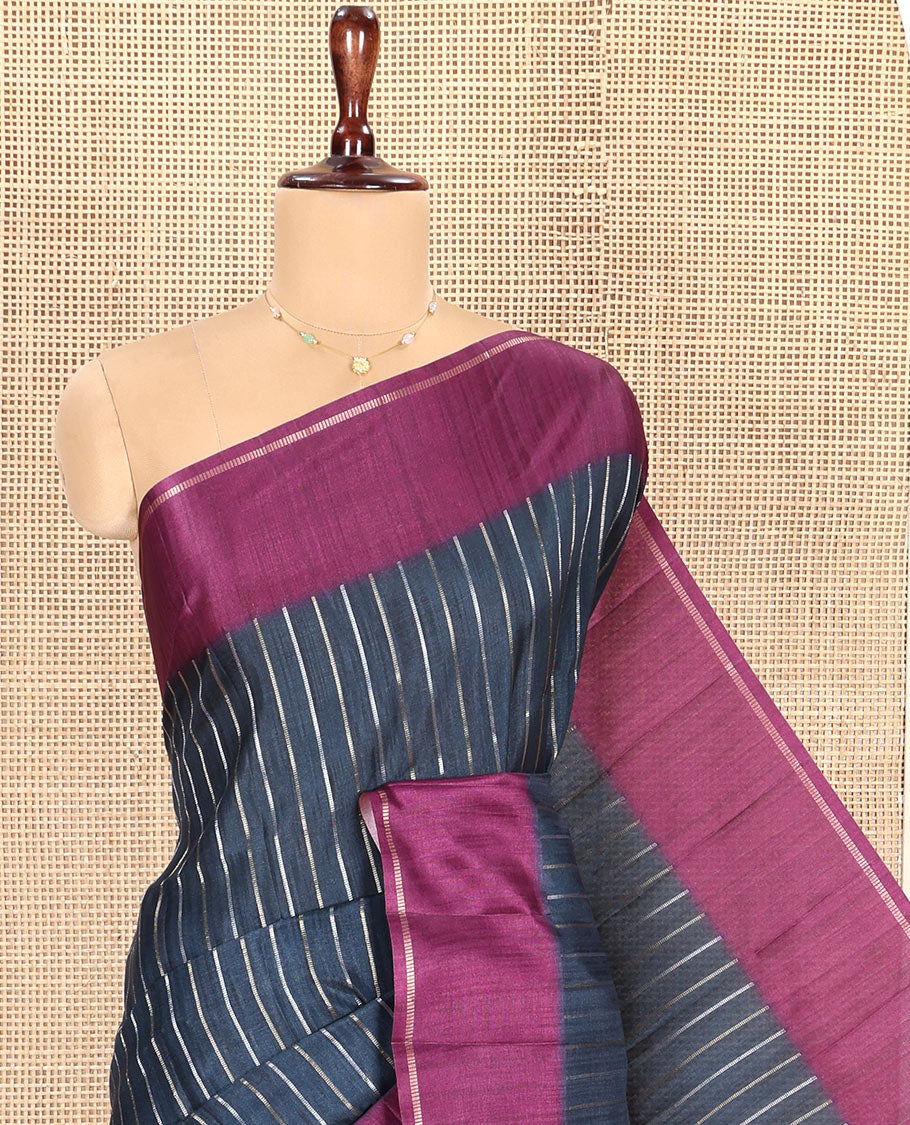 Grey Fancy Tussar Saree, Highlighted by Vertical Zari Stripes Across Its Body, Complemented by Captivating Contrast Geometric Patterned Border, Subtle Pallu and Paired with a Contrast Blouse