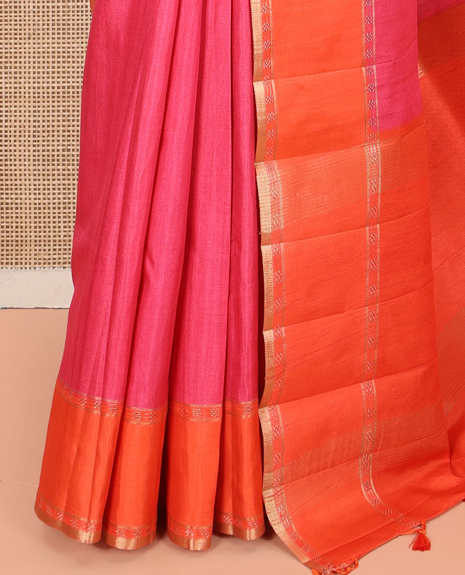 Pink Plain Semi-Tussar Silk Saree, Complemented by a Contrast Geometric Design Border, Subtly Zari Striped Pallu, and Paired with a Contrast Patola Printed Blouse