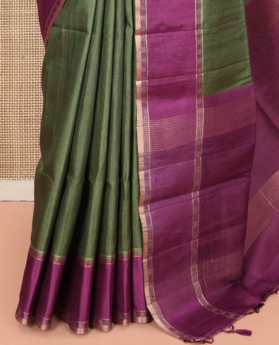 Mehendi Green Plain Semi-Tussar Silk Saree, Complemented by a Contrast Geometric Design Border, Subtly Zari Striped Pallu, and Paired with a Contrast Patola Printed Blouse