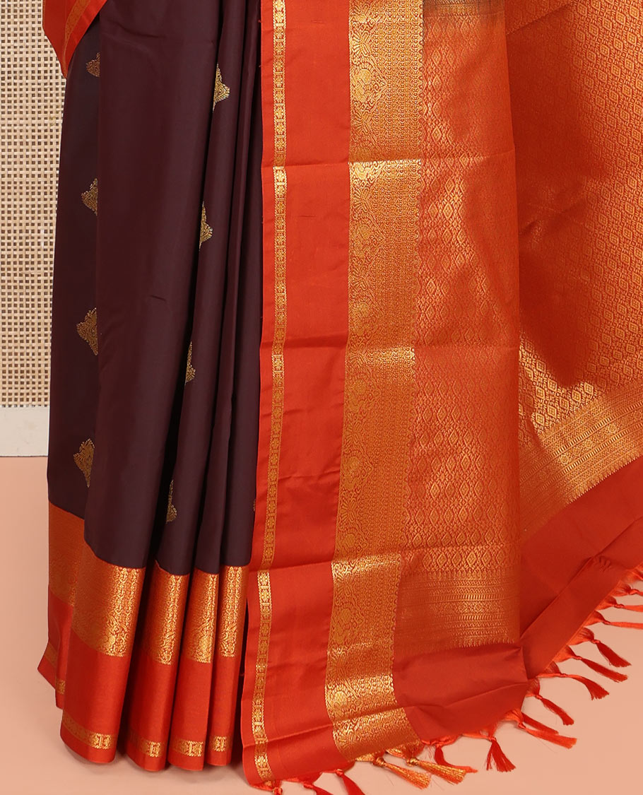 Brown Budget Silk Saree, Enriched with Zari Buttas on Its Body, Complemented by a Contrast Traditional Zari Design Rettai Pettu Border, Majestically Detailed Pallu, and Paired with a Contrast Blouse