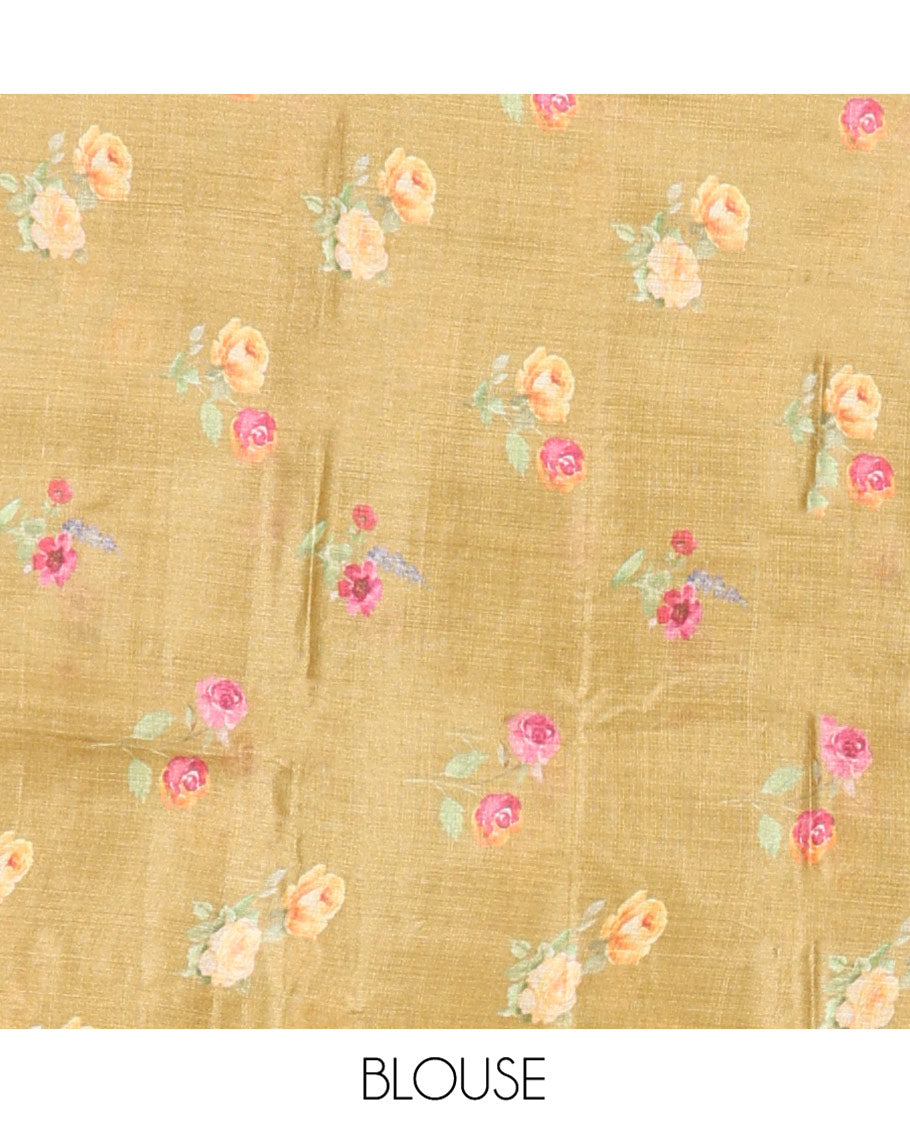 Borderless Green Tussar Silk Saree, Finely Printed with Floral Motifs On Its Body, Subtly Floral Printed Pallu and Paired with a Printed Blouse
