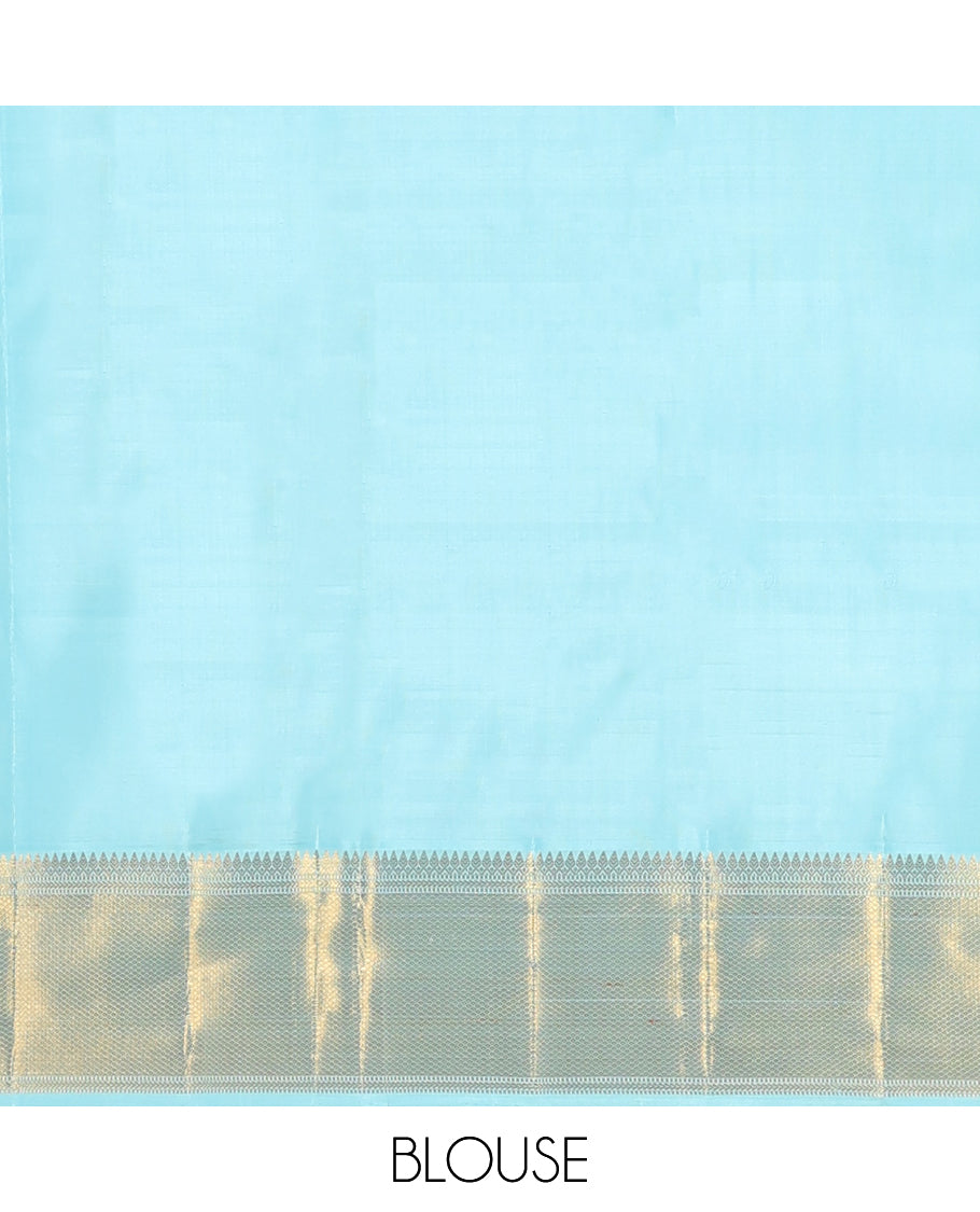 Blue Samudrika Silk Saree, Steeped in the Richness of Zari Buttas on Its Body, Highlighted by a Zari Border of Thilakam Mokku, Banaras, Muthu, Kathir, and Mayil Kann Designs, Gleaming Grand Pallu, and Paired with a Matching Blouse