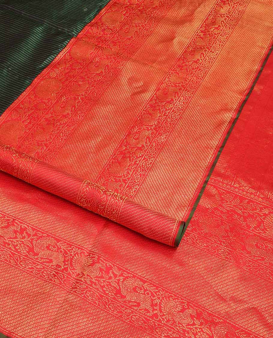Green striped, floral design kancheepuram silk saree with contrast thilakam mokku, banaras, mayil design & zari design pallu