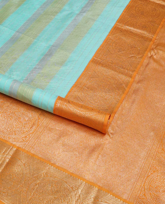 Multi-color striped kancheepuram silk saree with contrast border of banaras, kathir, horse design & intricate zari design pallu