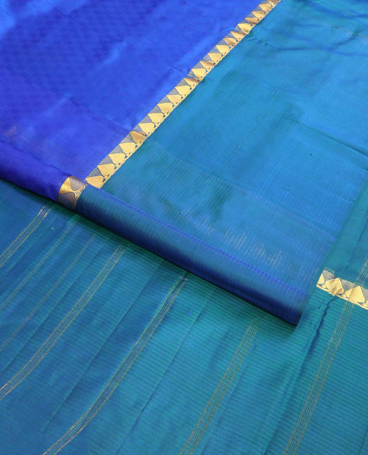 Blue checked kancheepuram silk saree with contrast striped, leaf design border & striped pallu