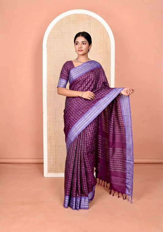Purple Aarani Silk Saree, Woven with Checked Design on Its Body, Complemented by a Contrast Striped Border, Pallu of Checked Design, and Paired with a Matching Blouse
