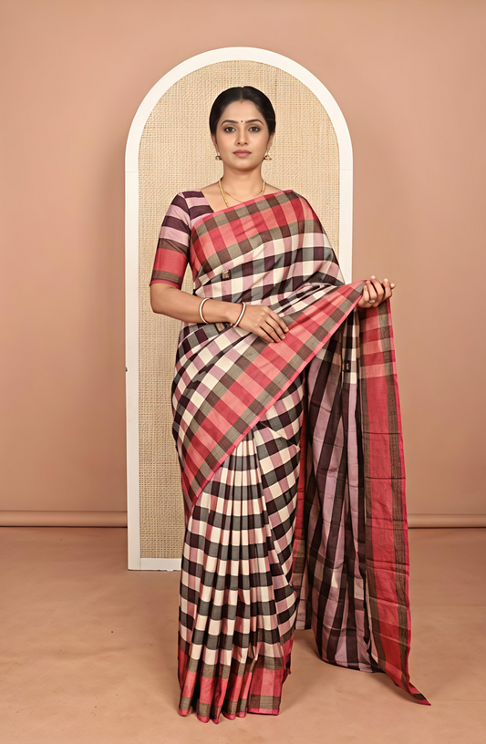 Multi-Color Aarani Silk Saree, Boldly Accentuated with Buttas and Medium-Checked Design All Over Its Body, Complemented by a Contrast Border, Striped Pallu, and Paired with a Matching Blouse