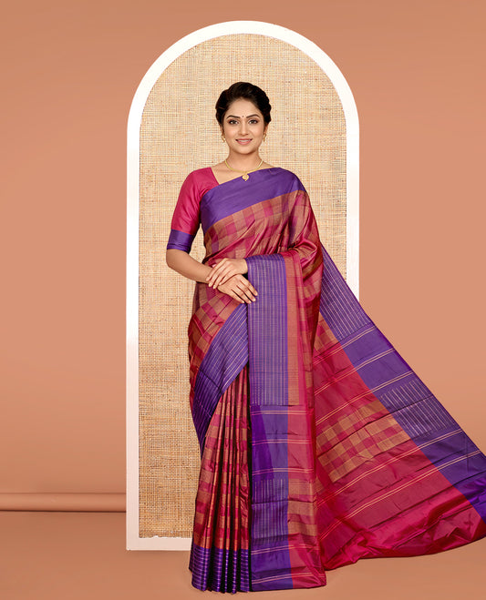 Maroon Aarani Silk Saree, Accentuated with Zari Checked Design on Its Body, Complemented by a Contrast Zari Striped Border, Pallu of Stripes, and Paired with a Matching Blouse