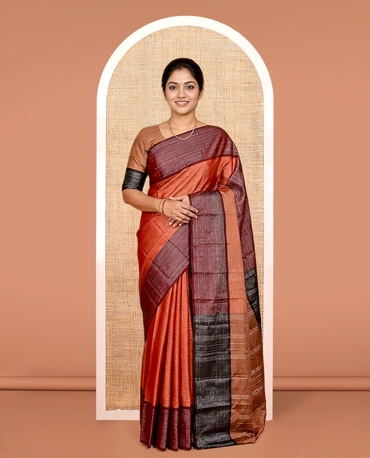 Orange Aarani Silk Saree, Woven with Zari Stripes on Its Body, Complemented by a Contrast Zari Striped Border, Pallu of Stripes, and Paired with a Contrast Blouse