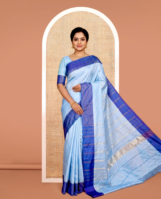 Blue Aarani Silk Saree, Dazzled with Stripes on Its Body, Complemented by a Contrast Temple Border, Pallu of Stripes, and Paired with a Matching Blouse