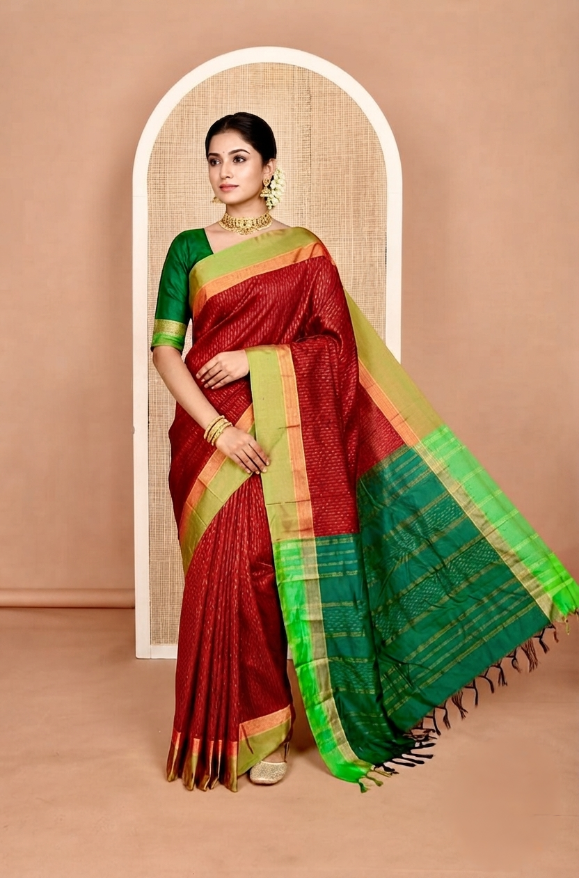 Maroon Aarani Silk Saree, Detailed with Zari Buttas on Its Body, Complemented by a Contrast Zari Border, Pallu of Stripes and Buttas, and Paired with a Contrast Blouse