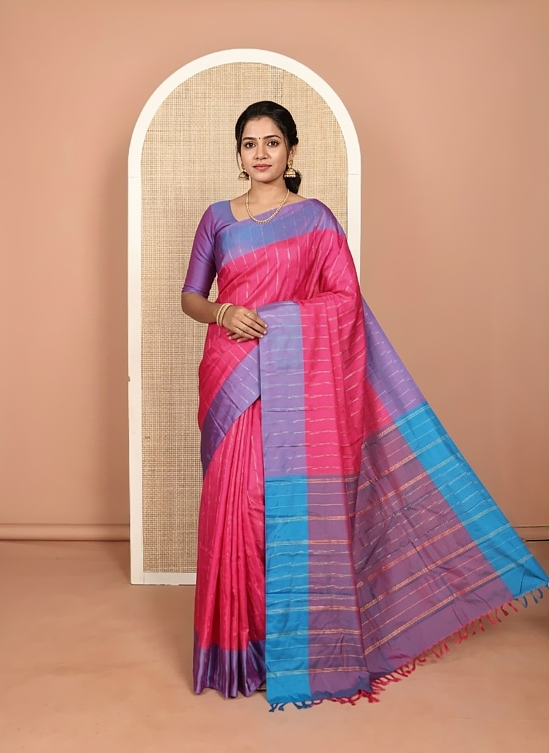 Violet and Pink Aarani Silk Saree, Graced with a Zari Checked Design on Its Body, Complemented by a Contrast Border, Pallu of Zari Stripes, and Paired with a Contrast Blouse