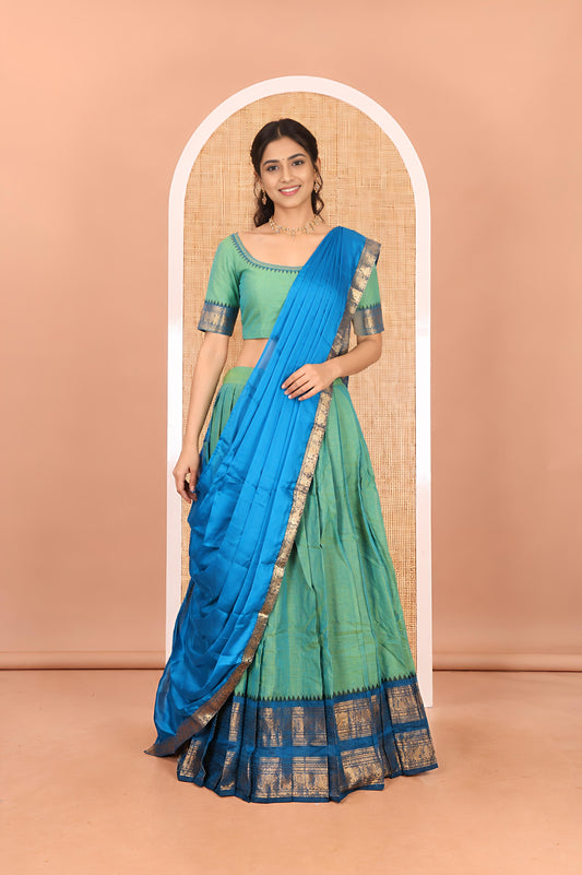 Light Rama Green-Sea Blue Chettinad Cotton Half-Saree, Plain Contrast Traditional Zari-Bordered Skirt, Matching Blouse, and a Contrast Dhavani