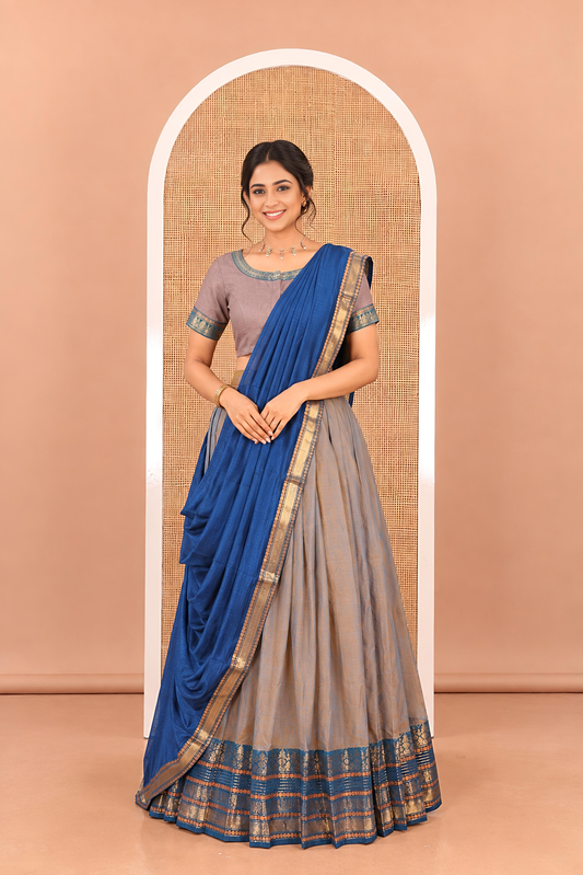 Fawn-Rama Blue Chettinad Cotton Half-Saree, Contrast Traditional Zari Bordered Skirt, Matching Blouse, and a Contrast Dhavani