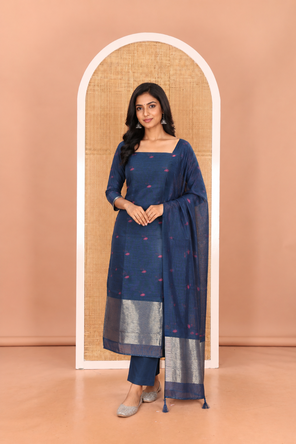 Peacock Blue Semi-Linen Material Churidar, Delicately Woven with Thread Buttas Top, a Plain Bottom, and a Thread Buttas Dupatta
