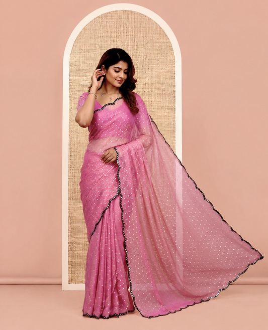 Onion Pink Shimmer Chiffon Saree, Steeped with Buttas, a Scallop Mirror Work Border, and a Matching Blouse