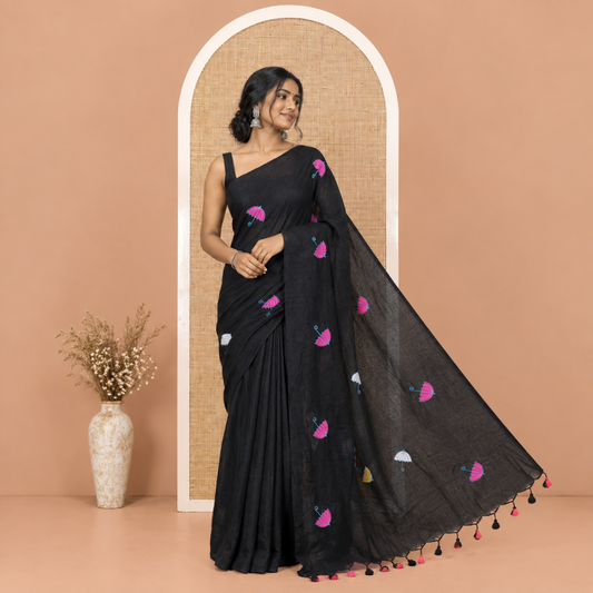Borderless Black Khadi Cotton Saree, Delicately Woven with Umbrella Motifs, Thread Embroidered on Its Body, a Self-Pallu, and Paired with a Matching Blouse