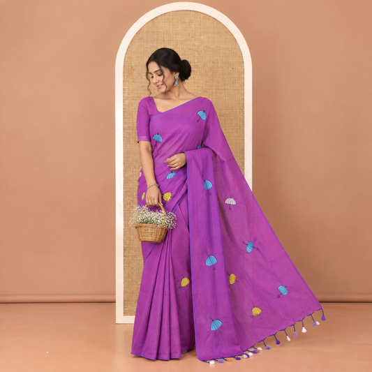 Borderless Violet Khadi Cotton Saree, Delicately Woven with Umbrella Motifs, Thread Embroidered on Its Body, a Self-Pallu, and Paired with a Matching Blouse