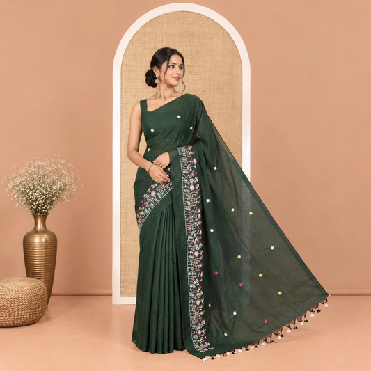 Borderless Green Khadi Cotton Saree, Delicately Woven with Flower Motifs Embroidery All Over Its Body, a Self-Pallu, and Paired with a Matching Blouse