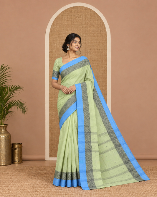 Pista Green Bengal Cotton Saree, Subtly Woven with Thread Buttas, a Contrast Temple and Jaal Border, and a Matching Blouse