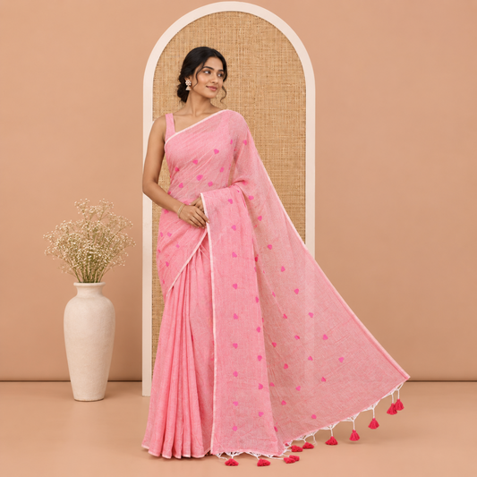 Borderless Baby Pink Mul Cotton Saree, Delicately Woven with Heart Motifs Embroidered All Over Its Body, a Self-Pallu, and Paired with a Matching Blouse
