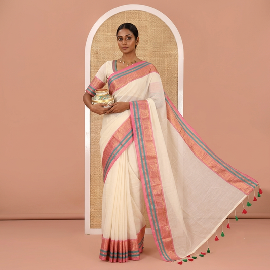 Cream Plain Khadi Mul Cotton Saree, Complemented by a Contrast Traditional Zari Design Border, a Self-Pallu, and Paired with a Matching Blouse
