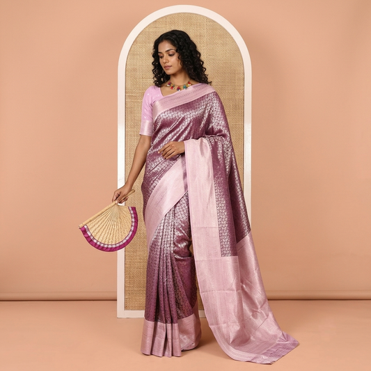 Purple Floral-Leaf Jacquard Kanchi Silk Saree, a Contrast Traditional Border, Intricate Pallu, and a Contrast Blouse