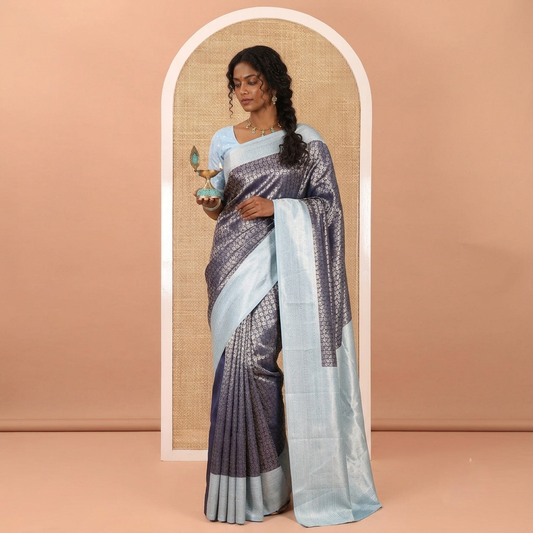 Navy Blue Floral-Leaf Jacquard Kanchi Silk Saree, a Contrast Traditional Border, Intricate Pallu, and a Contrast Blouse