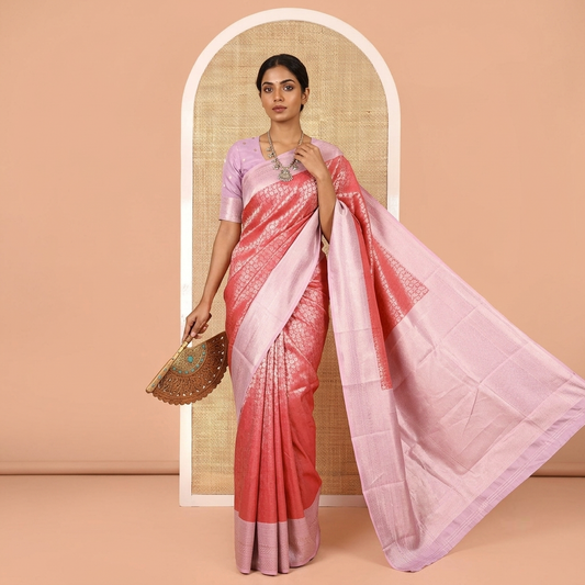 Rani Pink Floral-Leaf Jacquard Kanchi Silk Saree, a Contrast Traditional Border, Intricate Pallu, and a Contrast Blouse