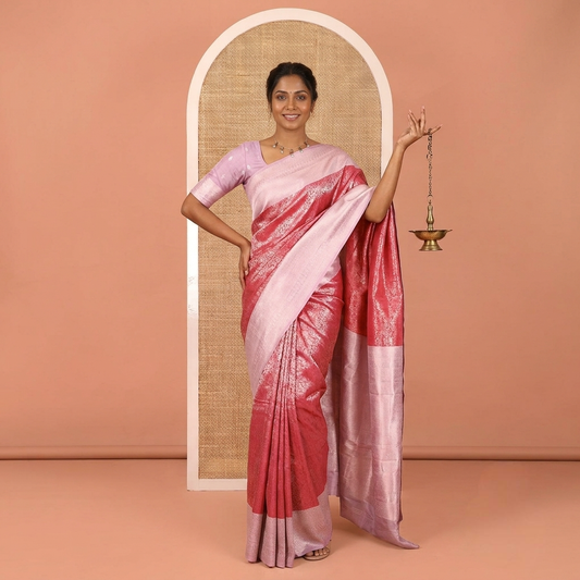 Rani Pink Kanchi Silk Saree Features Floral Jacquard, Contrast Traditional Border, Zari-Weave Pallu, and a Contrast Blouse