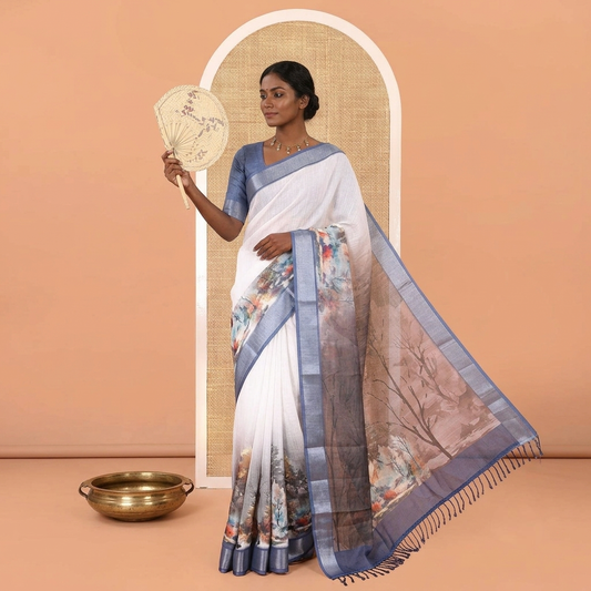 White-Brown Linen Cotton Saree, Meticulously Printed with Nature-Themed Scenery, Contrast Zari Border, and a Contrast Blouse
