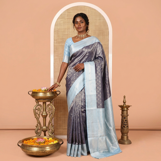 Navy Blue Kanchi Silk Saree Features Jacquard, Contrast Traditional Border, Zari Weave Pallu, and a Contrast Blouse