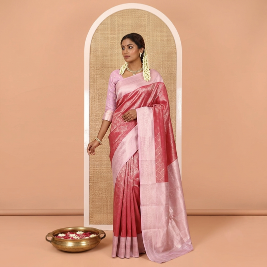 Rani Pink Kanchi Silk Saree Features Jacquard, Contrast Traditional Border, Zari-Weave Pallu, and a Contrast Blouse
