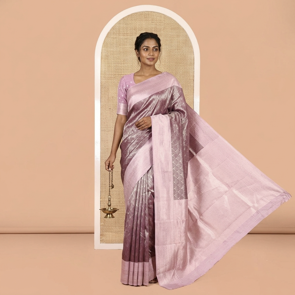 Purple Kanchi Silk Saree Features Jacquard, Contrast Traditional Border, Zari-Weave Pallu, and a Contrast Blouse
