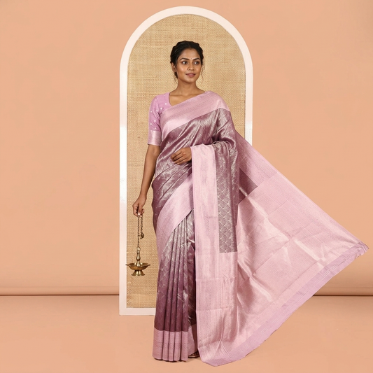 Purple Kanchi Silk Saree Features Jacquard, Contrast Traditional Border, Zari-Weave Pallu, and a Contrast Blouse