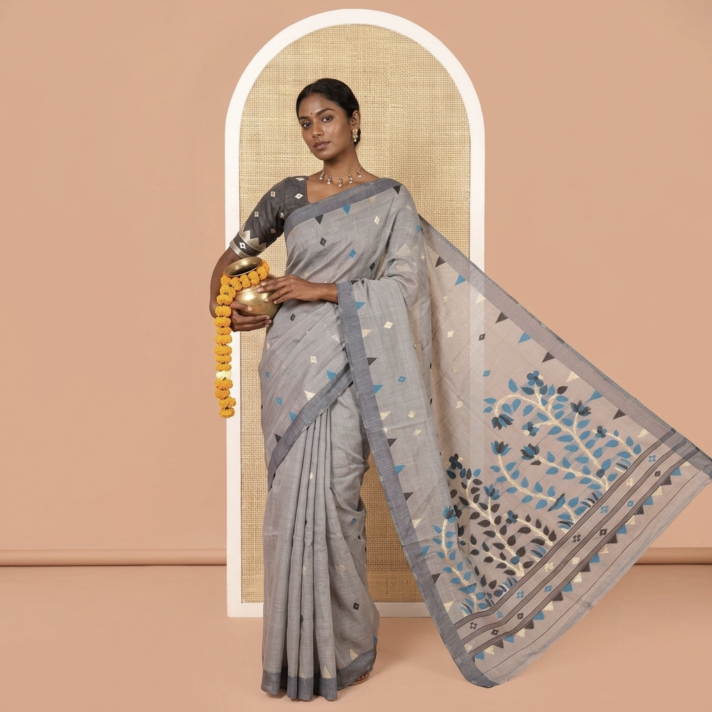 Grey Jute Cotton Saree, Adorned with Diamond Meena Buttas, a Contrast Border, Jamdhani Floral Pallu, and a Contrast Blouse