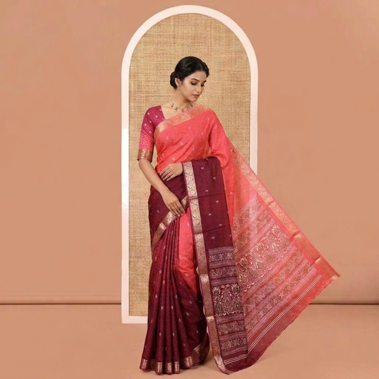 Pink-Wine Candy Chiffon Saree Features Ombre Dye and Embossed Texture, Floral Creeper Border, Intricate Pallu, Contrast Blouse
