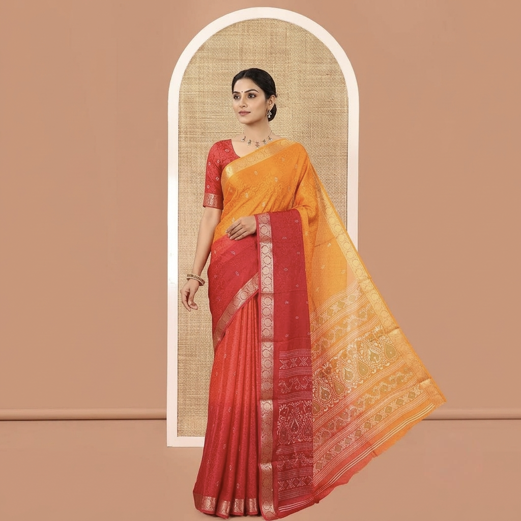Orange-Pink Candy Chiffon Saree Features Ombre Dye and Embossed Texture, Floral Creeper Border, Intricate Pallu, Contrast Blouse