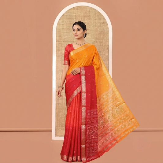 Orange-Pink Candy Chiffon Saree Features Ombre Dye and Embossed Texture, Floral Creeper Border, Intricate Pallu, Contrast Blouse