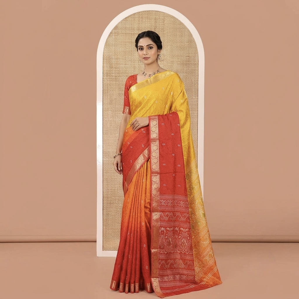 Yellow-Red Candy Chiffon Saree Features Ombre Dye and Embossed Texture, Floral Creeper Border, Intricate Pallu, Contrast Blouse