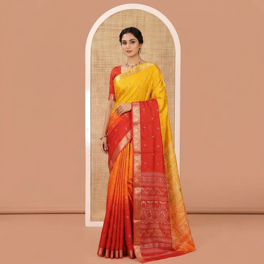 Yellow-Red Candy Chiffon Saree Features Ombre Dye and Embossed Texture, Floral Creeper Border, Intricate Pallu, Contrast Blouse