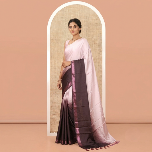 Dark Maroon Ombre Plain Satin Crepe Saree, Subtle Zari Border, Plain Pallu, and Comes without a Blouse