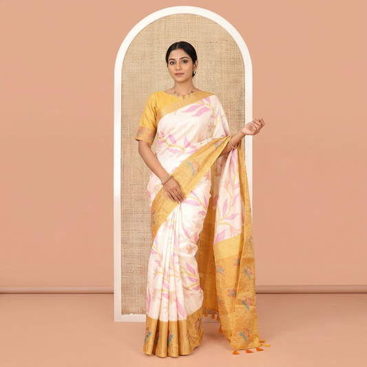 Cream Manipuri Silk Saree, Subtly Sparkled with Pochampally-Style Floral Design on Its Body, Complemented by a Contrast Border of Floral Design, Pallu of Floral Motifs, and Paired with a Contrast Blouse