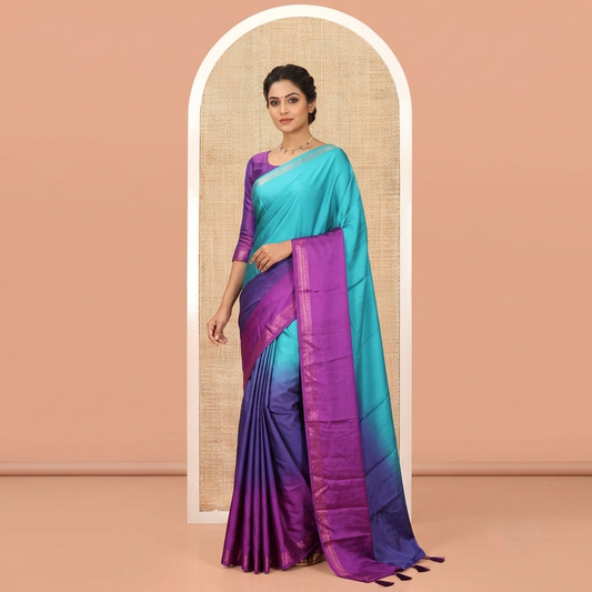 Purple Ombre Plain Satin Crepe Saree, Subtle Zari Border, Plain Pallu, and Comes without a Blouse