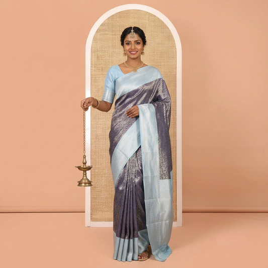 Navy Blue Kanchi Silk Saree Features Floral Jacquard, Contrast Traditional Border, Zari-Weave Pallu, and a Contrast Blouse