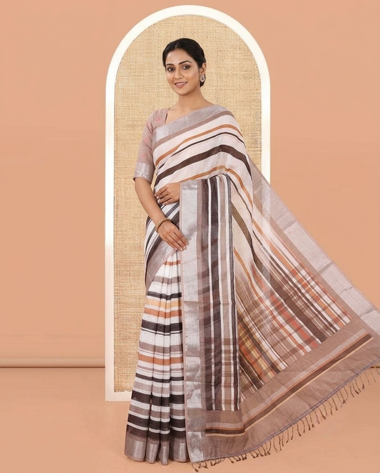 White-Brown Linen Cotton Saree Features Horizontal Stripes on Its Body, Complemented by a Contrast Zari Border, Multi-Color Striped Pallu, and Paired with a Contrast Blouse